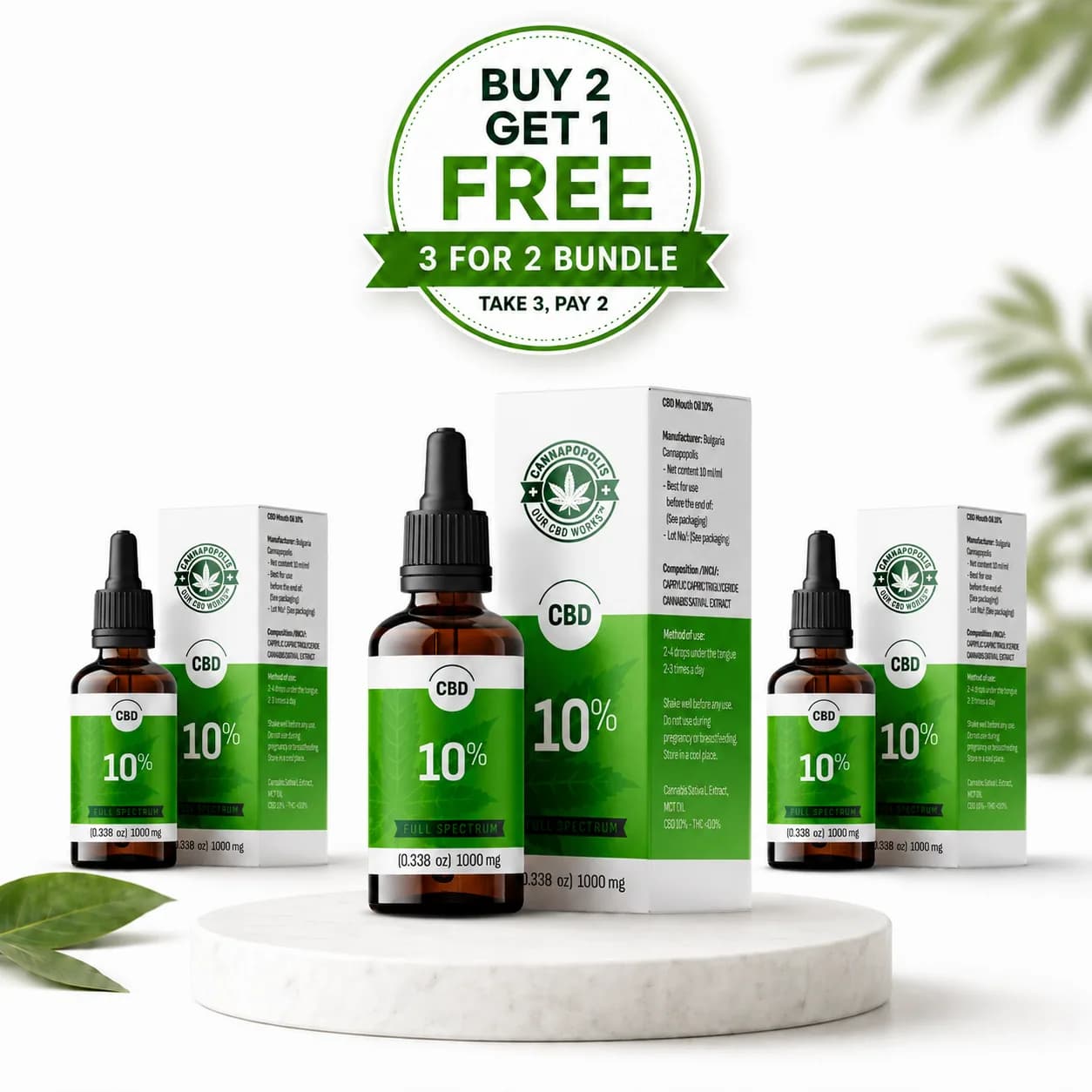 3 za cenu 2 CBD olej 10 % Cannapopolis balíček Cannapopolis