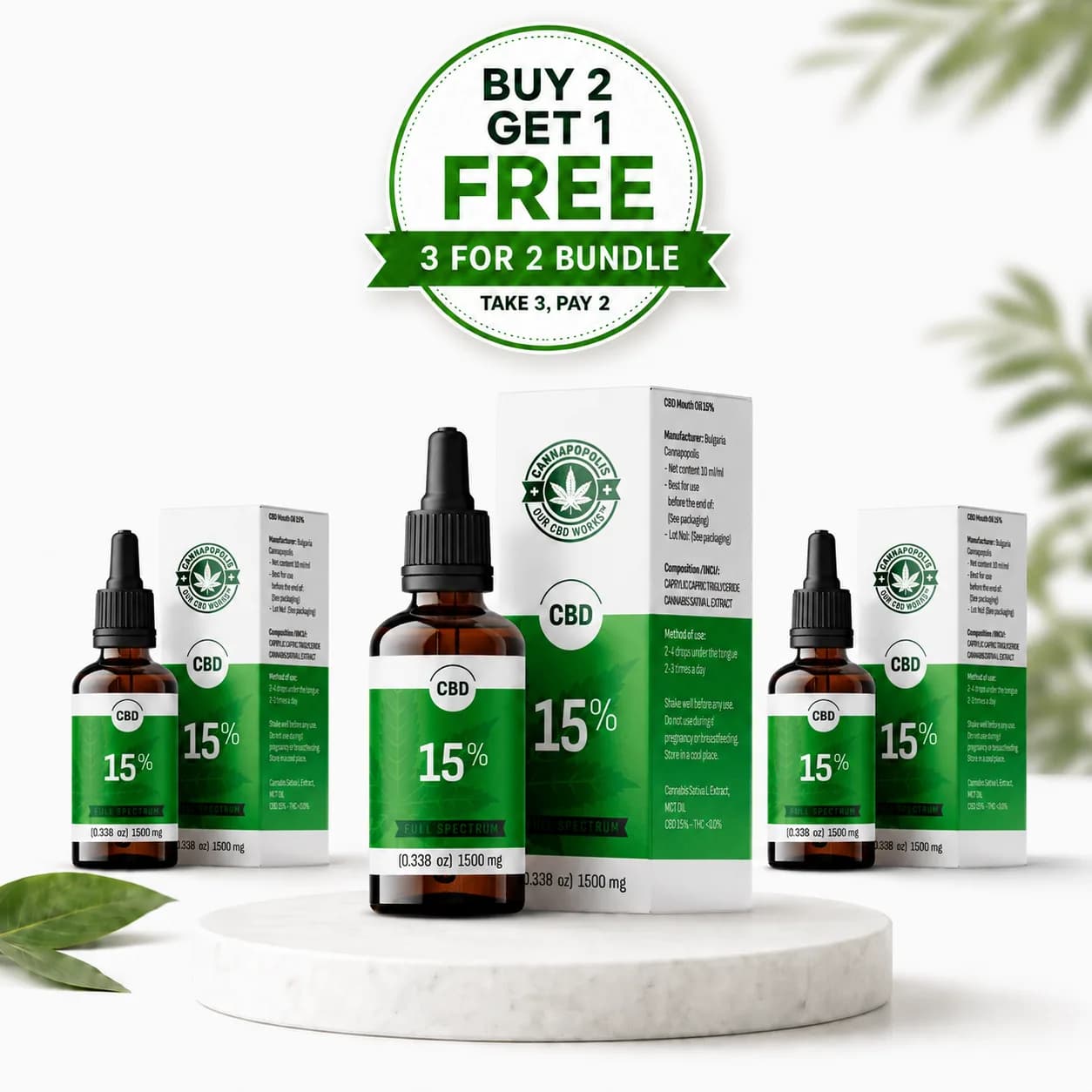 3 za cenu 2 CBD olej 15 % Cannapopolis balíček Cannapopolis