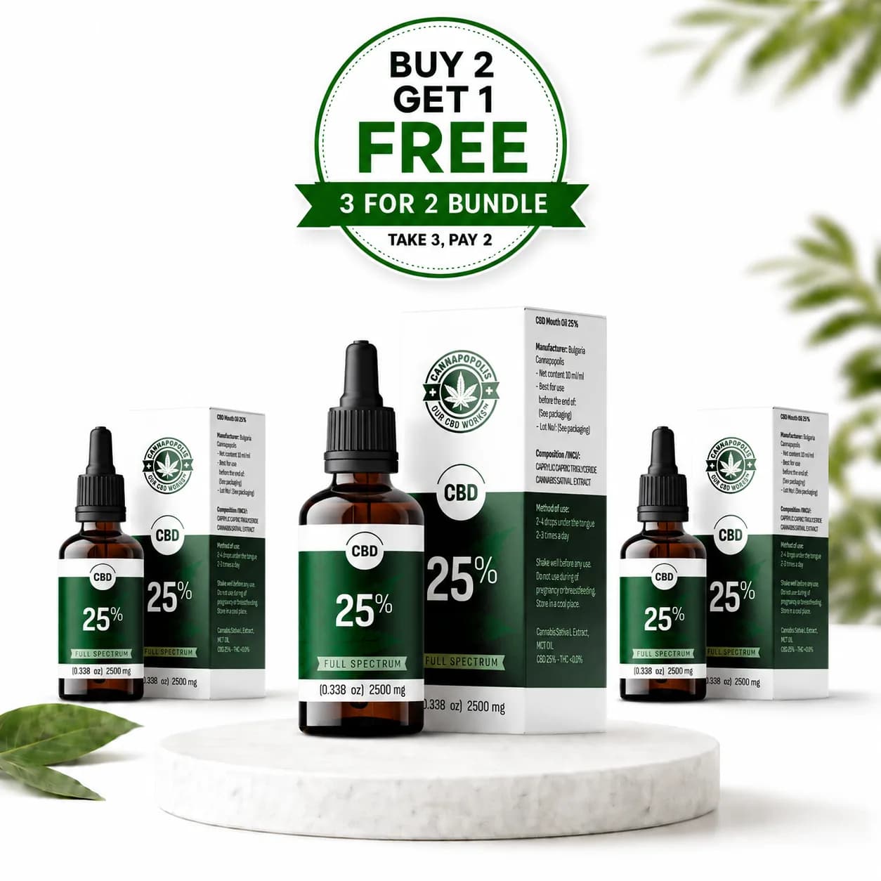 3 za cenu 2 CBD olej 25 % Cannapopolis balíček Cannapopolis