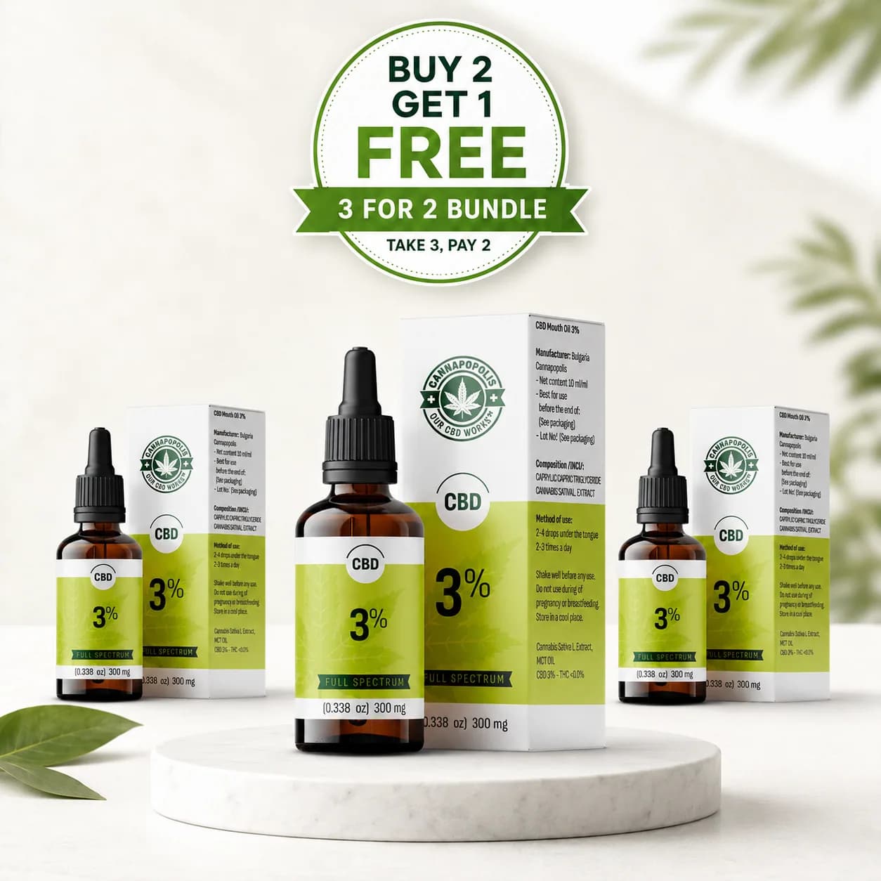 3 za cenu 2 CBD olej 3 % Cannapopolis balíček Cannapopolis