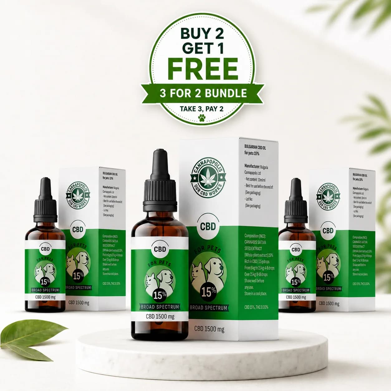 3 za cenu 2 CBD olej 15 % Cannapopolis pro zvířata balíček Cannapopolis