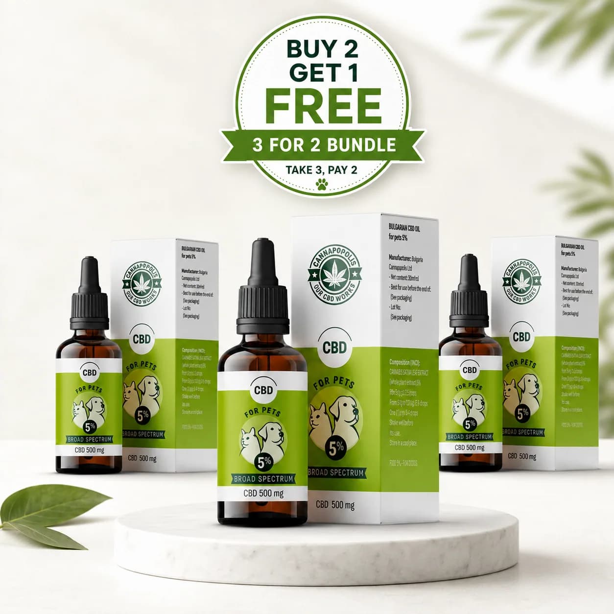 3 za cenu 2 CBD olej 5 % Cannapopolis pro zvířata balíček Cannapopolis