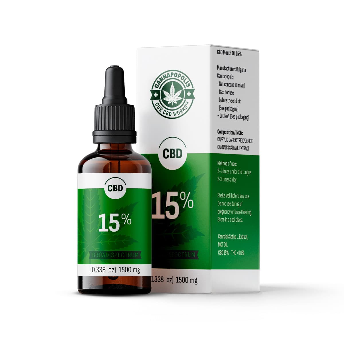 CBD olej 15 % Cannapopolis, 10ml lahvička s 1500 mg CBD