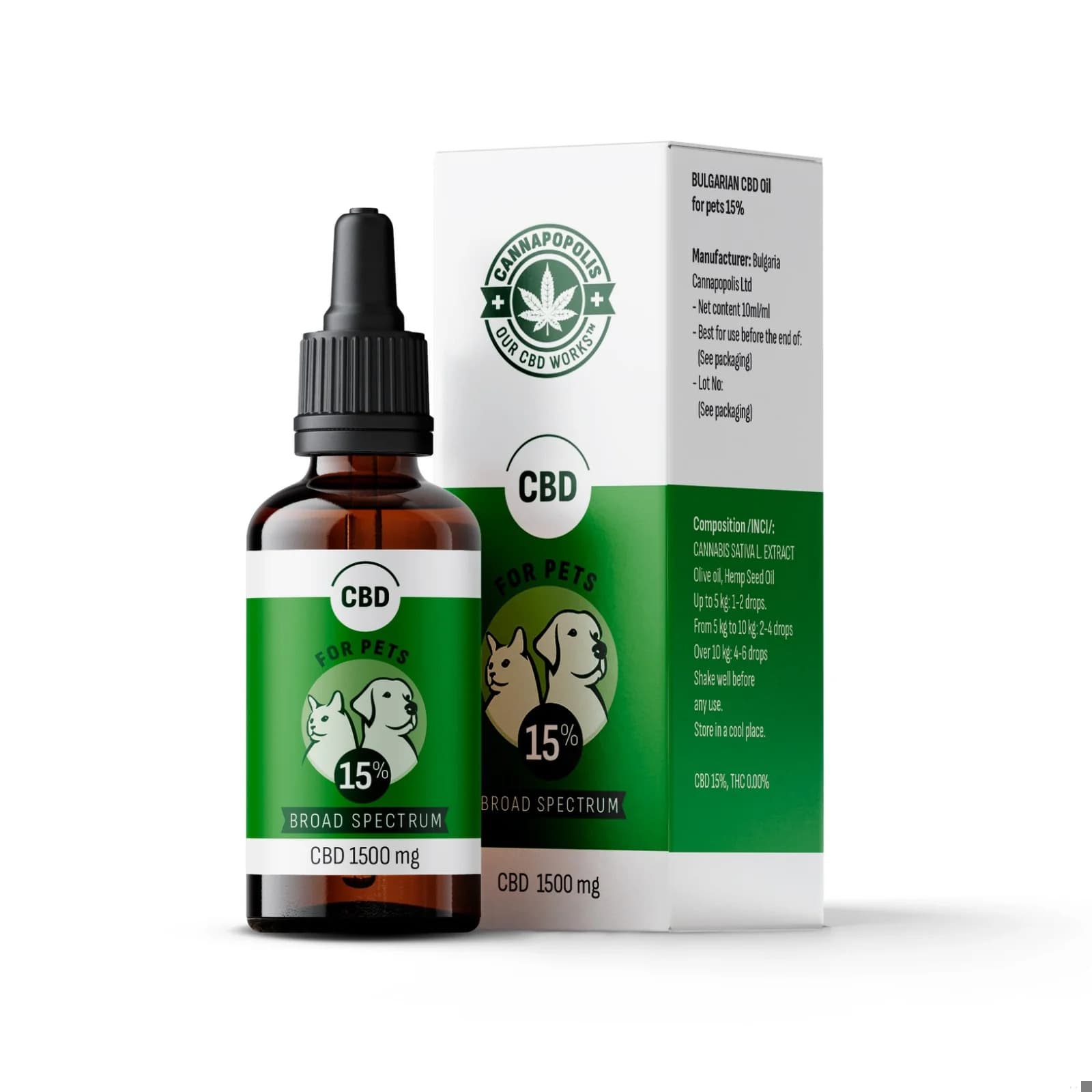 CBD olej 15 % Cannapopolis pro zvířata, 10ml lahvička s 1500 mg CBD