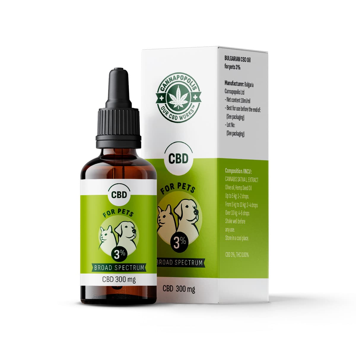 CBD olej 3 % Cannapopolis pro zvířata, 10ml lahvička s 300 mg CBD