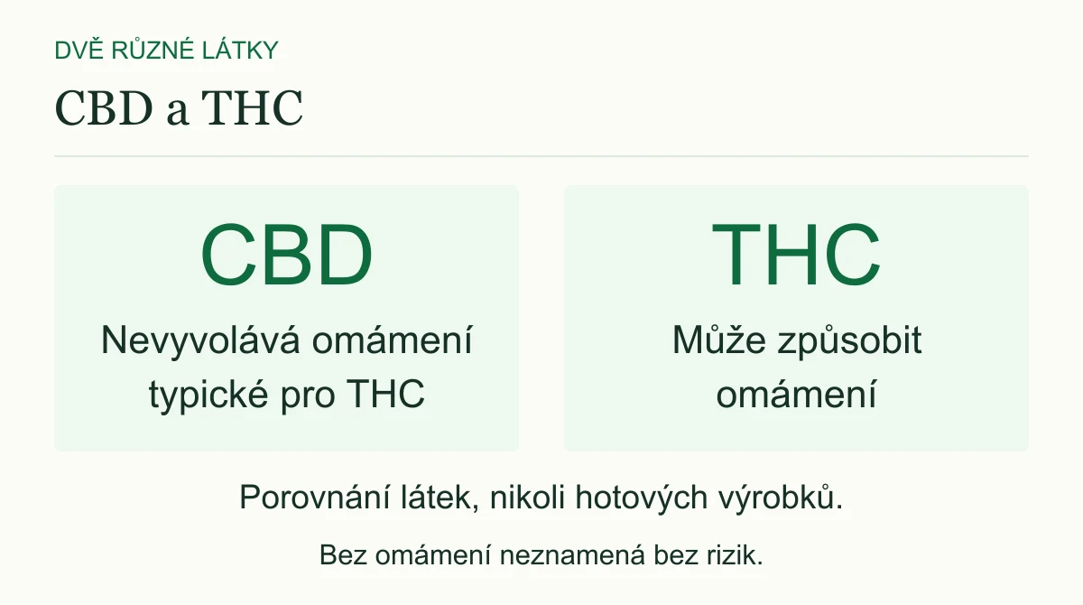 CBD nevyvolává omámení typické pro THC. THC může omámení způsobit. Schéma porovnává dvě látky, nikoli bezpečnost hotových olejů.